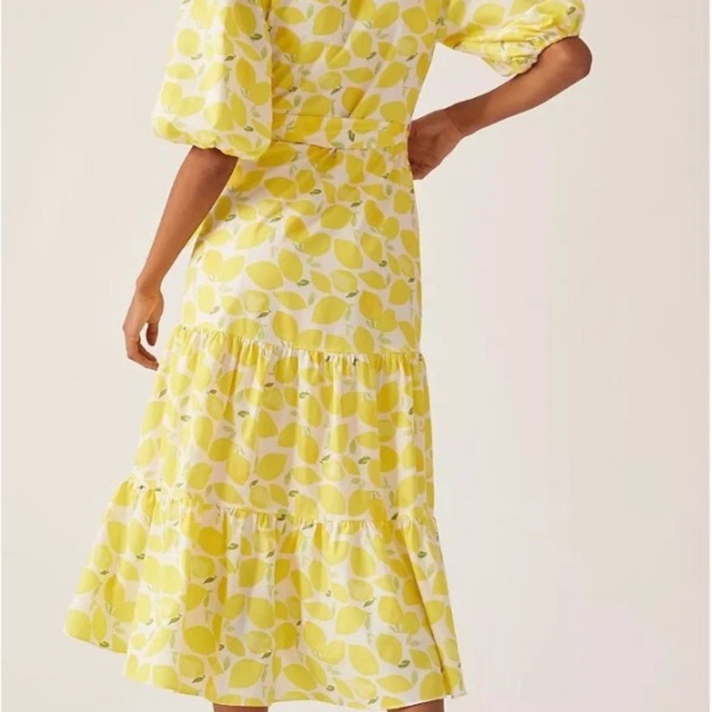 Hutch Anthropologie Yellow Lemon Print Tiered Wrap Midi Dress - Picture 2 of 7